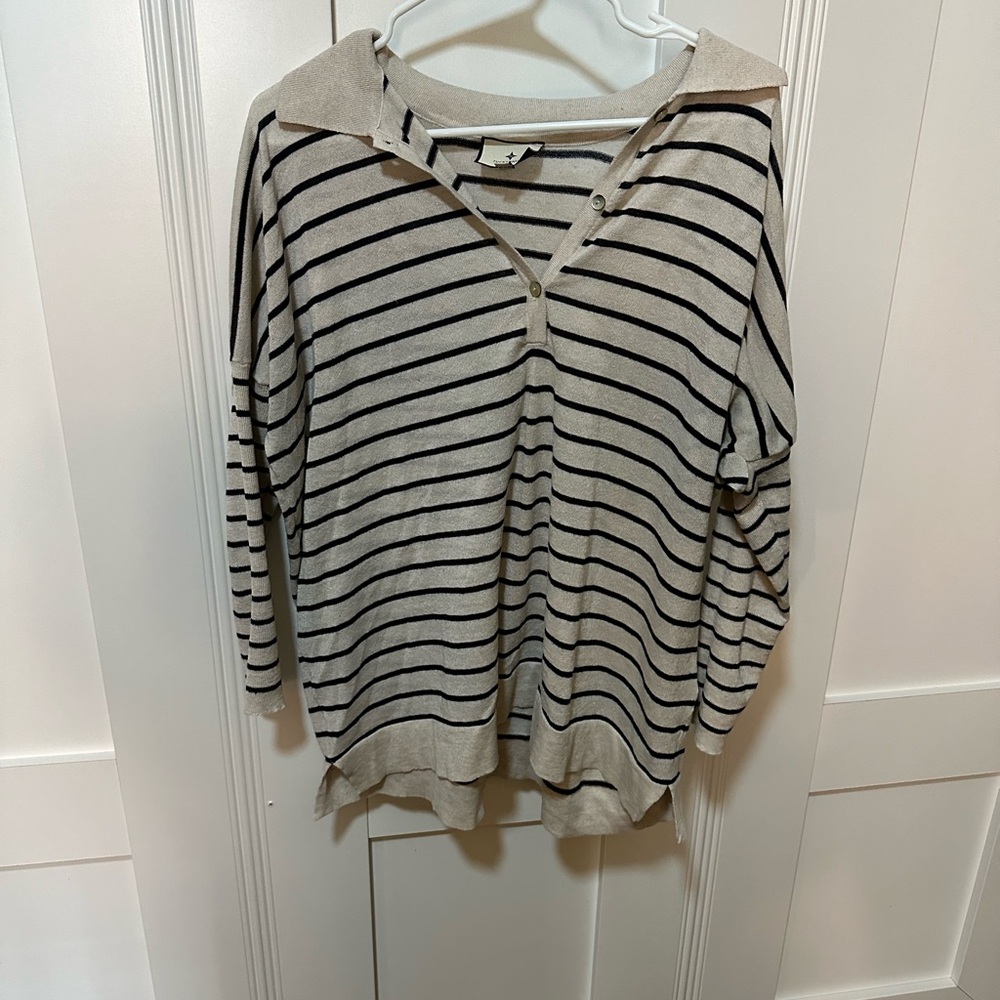 Tuckernuck Beige and Black Striped Long Sleeve Polo Sweater